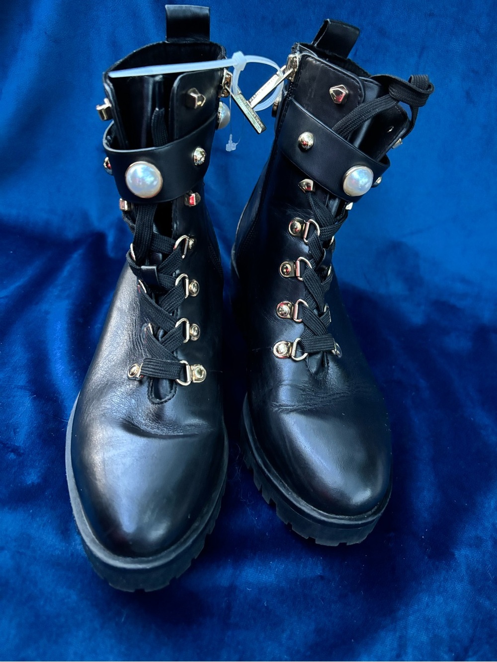 Karl Lagerfeld Black Pearl-Stud Lace-Up Lug Boots size 7 - Picture 4 of 15
